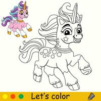 cartone animato carino in esecuzione rosa unicorno bambini colorazione libro pagina vettore