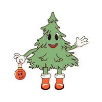 Natale albero con Natale decorazioni. retrò personaggio nel cartone animato alla moda Groovy stile. il atmosfera è a partire dal il 60s e anni '70. allegro Natale e contento nuovo anno. vettore illustrazione