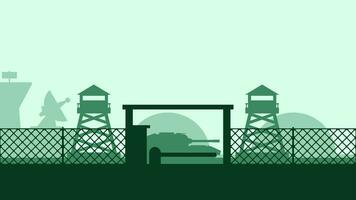 militare base paesaggio vettore illustrazione. silhouette di militare base cancello con guardia inviare e cisterna. militare paesaggio per sfondo, sfondo o atterraggio pagina
