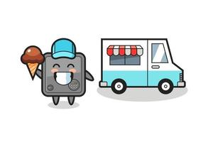 cartone animato mascotte di cassetta di sicurezza con camion dei gelati vettore