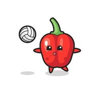 personaggio cartone animato di peperone rosso sta giocando a pallavolo vettore