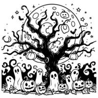 nero silhouette impiccato vecchio albero Halloween celebrazione con fantasma e zucca vettore