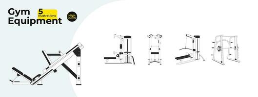allenarsi Palestra attrezzatura nero e bianca 2d linea cartone animato oggetti fascio. seduto cavo riga, pull-up, energia cremagliera, gamba stampa macchine isolato vettore schema Oggetti. monocromatico piatto individuare illustrazione impostato