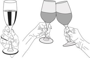 impostato di femmina e maschio mani Tenere bicchiere di Champagne, scintillante vino, cocktail vettore, femmina mano Tenere bicchiere di vino, Due mani Tenere Champagne occhiali, mano linea arte, mano schizzo vettore