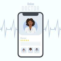 mobile App con femmina buio pelle medico su il smartphone schermo. medicina in linea consultazione bandiera concetto. vettore