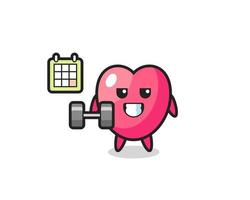 cartone animato mascotte simbolo cuore facendo fitness con manubri vettore