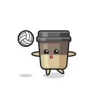 personaggio cartone animato della tazza di caffè sta giocando a pallavolo vettore