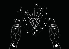 mistica donna mani alchimia esoterica magia spazio stelle simbolo di cristallo vettore