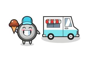 mascotte cartone animato di una pila a bottone con un camioncino dei gelati vettore