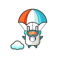 il fumetto della mascotte della spina elettrica sta facendo paracadutismo con un gesto felice vettore