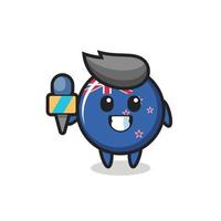 mascotte del personaggio del distintivo della bandiera della Nuova Zelanda come giornalista vettore
