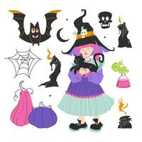 Halloween illustrato impostato di vettore elementi. poco carino strega con nero gatto. elementi di il maga, calderone con pozione, zucche, candele, ragno, scopa, cranio. elementi di Magia.