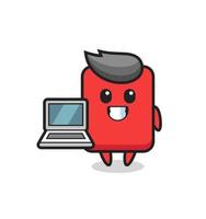 illustrazione mascotte del cartellino rosso con un laptop vettore