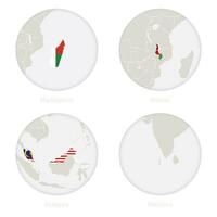 Madagascar, Malawi, Malaysia, Maldive carta geografica contorno e nazionale bandiera nel un' cerchio. vettore