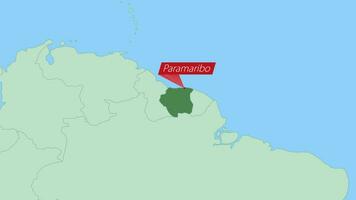 carta geografica di suriname con perno di nazione capitale. vettore