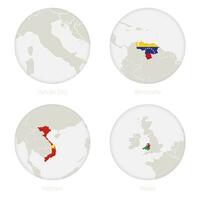 Vaticano città, Venezuela, Vietnam, Galles carta geografica contorno e nazionale bandiera nel un' cerchio. vettore