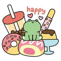 carino rana sedersi su fragola pane con dolce e dessert.panetteria cartone animato mano disegnato.rettile animale carattere.ciambella,bolla latte tè, budino.kawaii.vettore.illustrazione. vettore