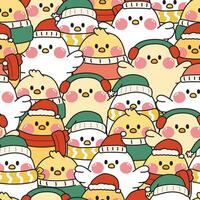 ripetere.senza soluzione di continuità modello di carino pollo nel inverno costume background.farm animale personaggio cartone animato design.santa cappello.allegro Natale concetto.kawaii.vettore.illustrazione. vettore