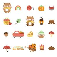 icona collezione.set di carino orsacchiotto orso nel autunno concetto.selvaggio animale personaggio cartone animato design.autunno stagione.zucca,ghianda,arcobaleno,mela mano disegnato.kawaii.vettore.illustrazione vettore