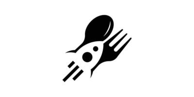 negativo spazio razzo logo design con cucchiaio e forchetta. vettore