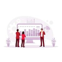 il azienda operazioni manager è fabbricazione un' incontro presentazione. analizzare crescita grafici, statistiche, e dati utilizzando un' il computer portatile computer. presentazione concetto. tendenza moderno vettore piatto illustrazione