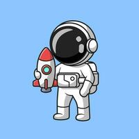 carino astronauta che tiene mini razzo cartone animato icona vettore illustrazione. scienza tecnologia icona concetto isolato premium vettore. stile cartone animato piatto