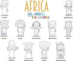 bambini e nazionalità di Africa. vettore impostato di 11 personaggi per colorazione vestito nel diverso nazionale costumi.