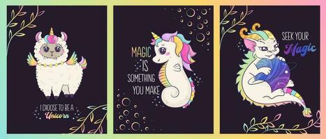 impostato di carte con arcobaleno kawaii animali e divertente Magia slogan. cartoline, manifesti per asilo e bambino doccia arredamento vettore