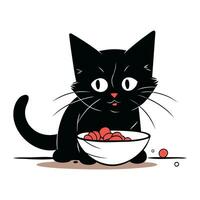 carino nero gatto con ciotola di rosso ciliegie. vettore illustrazione.
