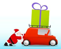 Santa spingendo un' rosso mini auto con un' regalo scatola vettore