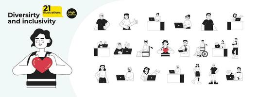 diversità inclusività persone nero e bianca cartone animato piatto illustrazione fascio. diverso dipendente il computer portatile lineare 2d personaggi isolato. ufficio lavoratori disabilità monocromatico vettore Immagine collezione