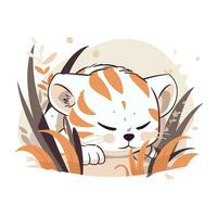 carino poco tigre addormentato nel il erba. cartone animato vettore illustrazione.