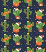 modello senza soluzione di continuità Natale cactus cartone animato, kawaii retrò occidentale pianta isolato su buio blu sfondo vettore