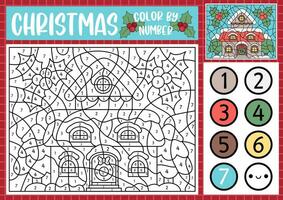 vettore Natale colore di numero attività con carino kawaii neve coperto Casa. inverno vacanza scena. nero e bianca conteggio gioco con decorato casa o villetta. nuovo anno colorazione pagina per bambini