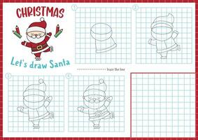 Natale passo di passo disegno foglio di lavoro. Come per disegnare Santa claus. completare il immagine di esempio attività. vettore inverno vacanza scrittura pratica foglio di lavoro. stampabile nuovo anno colorazione pagina