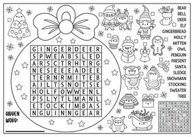 vettore Natale nero e bianca palla sagomato parola ricerca puzzle per bambini. inverno linea kawaii vacanza quiz per bambini. educativo colorazione pagina. carino nuovo anno inglese linguaggio attraversare parola