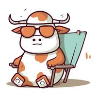 carino mucca nel occhiali da sole seduta su un' sedia. vettore illustrazione.