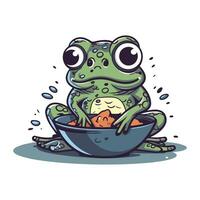 carino cartone animato rana seduta nel un' ciotola di acqua. vettore illustrazione.