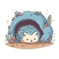 carino cartone animato riccio nel un' blu igloo. vettore illustrazione.