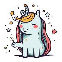carino cartone animato unicorno con Magia bacchetta magica e stelle. vettore illustrazione.