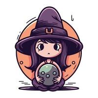 carino poco strega ragazza con un' Magia sfera. vettore illustrazione.