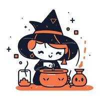 carino poco ragazza nel strega costume con zucca. vettore illustrazione.