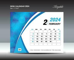 febbraio 2024 modello- scrivania calendario 2024 anno modello, parete calendario 2024 anno, settimana inizia domenica, progettista disegno, Stazionario disegno, aviatore disegno, stampa media, blu curva backgrund vettore