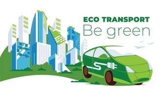 verde energia e sicuro ambiente concetto, elettrico auto su verde città sfondo. vettore piatto illustrazione