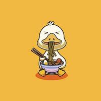 carino anatra mangiare ramen cartone animato illustrazione vettore