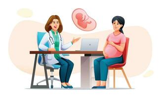 medico prende incinta paziente nel clinica. consultazione e dai un'occhiata su durante gravidanza concetto. vettore cartone animato personaggio illustrazione