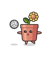 personaggio cartone animato di vaso di girasole sta giocando a pallavolo vettore