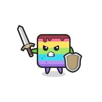simpatico soldato torta arcobaleno che combatte con spada e scudo vettore