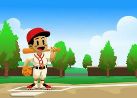 cartone animato ragazzo giocando baseball nel campo vettore