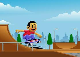 cartone animato ragazzo andare con lo skateboard nel Skate park illustrazione vettore